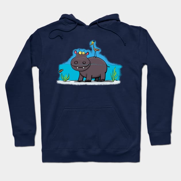 Cute hippo in the river with bird cartoon Hoodie by FrogFactory